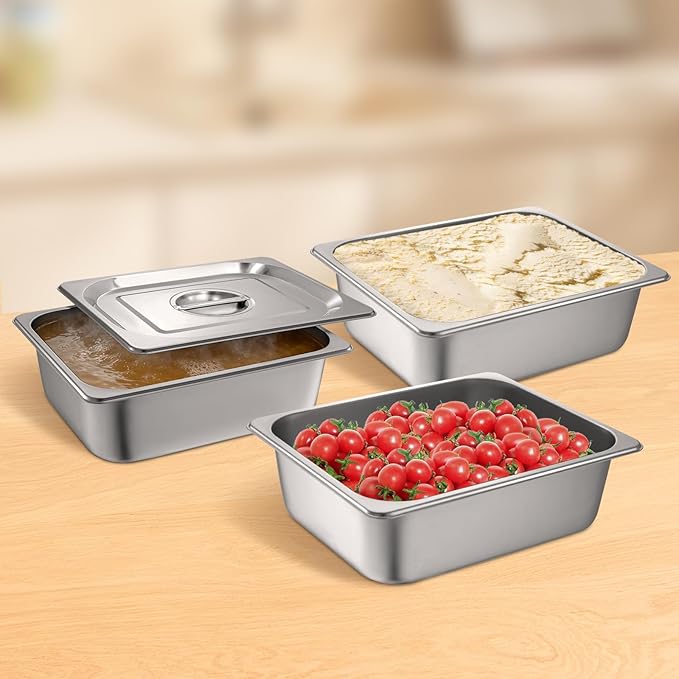 1/2 Size Hotel Pan with Lids 4 Pack 4'' Deep Steam Table Pan 12.8''L x 10.4''W Stainless Steel Pans for Home Party Hotel Buffet