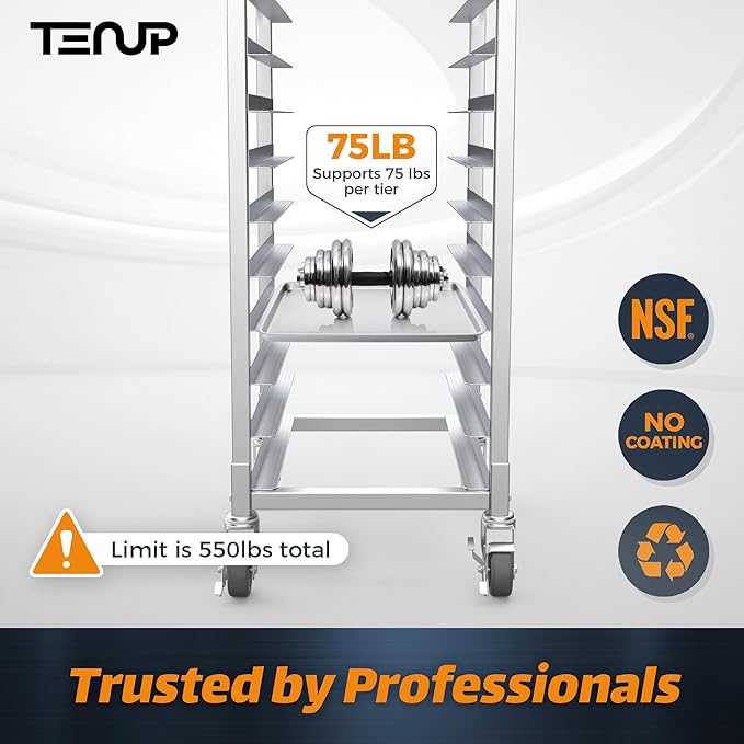 TenUp 10-Tier Half Size Sheet Pan Rack Heavy-Duty Aluminum Bakery Rack with Wheels – Commercial Cooling &amp Storage Cart – 18 L x 15.5 W x 36 H
