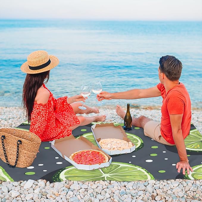 Waterproof Sandproof Beach Blanket 59''×68'' Sour Lemon Slices Polyester Outdoor Picnic Blanket with 4 Stakes &amp Storage Bag for BeachCampingVacation Fruit