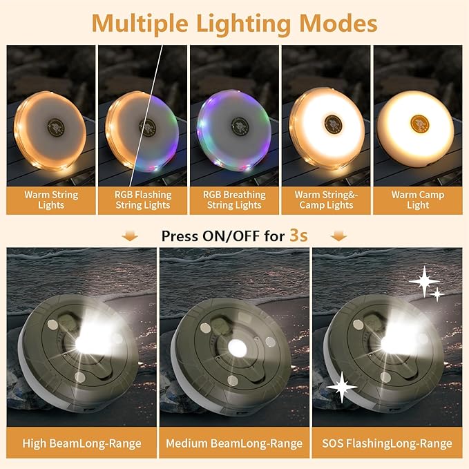 Camping Lights String: Outdoor String Lights with 5 Lighting Modes - Quick 30s Recovery Durable and Waterproof - USB Charging Portable Camping Lights for Camping/Yard/and Hiking - 2PACK