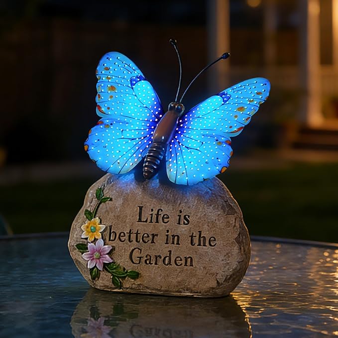 Solar LED Butterfly Garden Statue with Sparkling Light-Up Wings - Outdoor Yard Patio Decor Figurine for Women Mom Grandma (Blue)