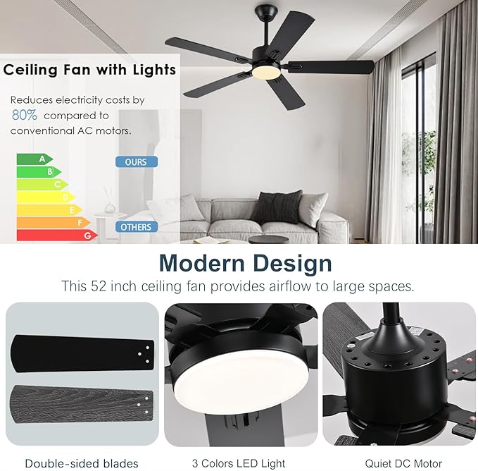 52 inch Modern Ceiling Fans with Lights APP/Remote Control Low Profile Reversible 6 Speeds Ceiling Fan Light for Indoor/Outdoor Patio Bedroom Living RoomBlack