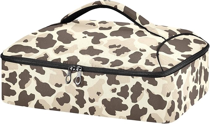 Casserole Carrier Cow Spots in Brown and BeigeInsulated Casserole Carrier for Hot or Cold Food Thermal Lunch Tote for Potluck Parties Picnic Beach Fits 9 x 13 Inches Baking Dish