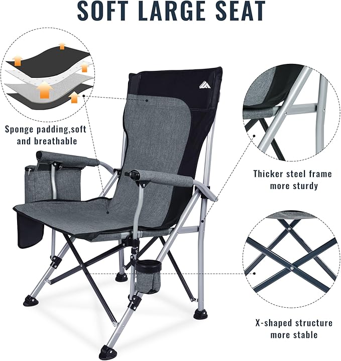 Ablazer 2 Pack Camping Chairs for Adults Portable Hunting Chair Supports 350lbs Oversized Heavy Duty Folding Chair for Camping Padded Seat Outdoor Lawn Folding Chair with Side Pockets
