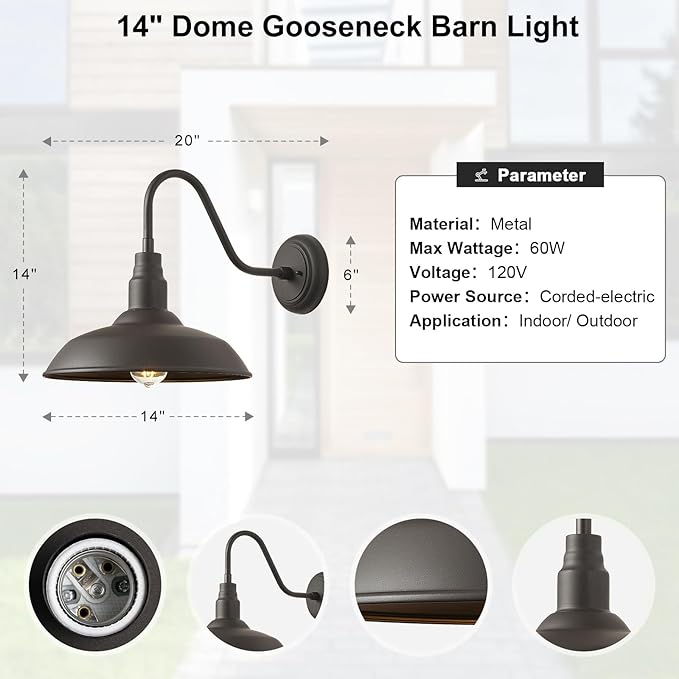 2 Pack Outdoor Barn Farmhouse Light with 14in Dome Exterior Gooseneck Lights Fixture for House Dark Bronze Outside Wall Mount for Porch Patio Entryways