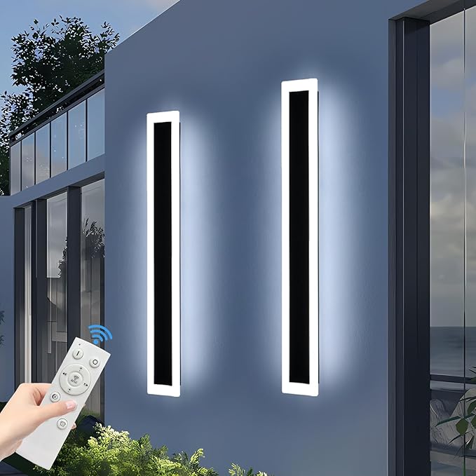 Upgrade Widened 2 Pack 57inch Long Modern Outdoor Wall Light Dimmable 3000K-6000K IP65 Waterproof Exterior Wall Sconces 50W Black LED Wall Mount Light for Home Yard Garden with Remote Control