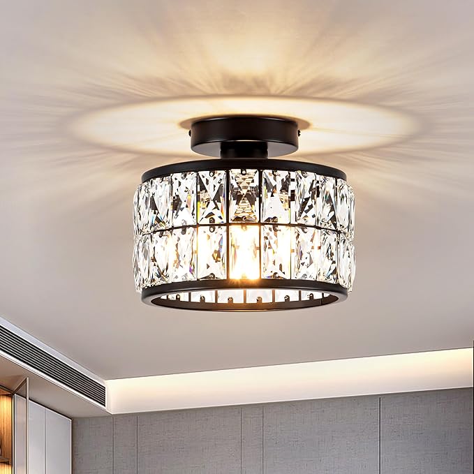 Crystal Ceiling Light Fixture Modern Semi Flush Mount Ceiling LightCrystal Chandelier for Kitchen Bedroom Bathroom Entryway Black Finish