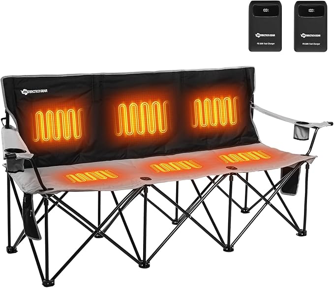 ANTARCTICA GEAR Heated Double Camping Chair with 12V 15000mAh Battery Pack - Heavy-Duty XL Folding Bench for Outdoor Campsites Tailgating - Portable Heated Seating with Adjustable Warmth