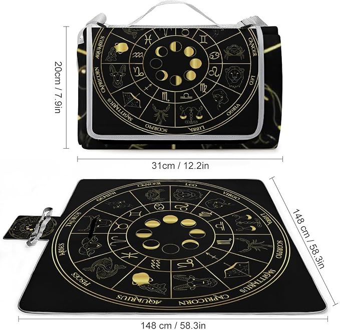 Zodiac Wheel Astrology Horoscope Circle Sun Wiccan Waterproof Outdoor Picnic Blanket Sandproof Beach Mat for Camping Hiking Grass Travelling