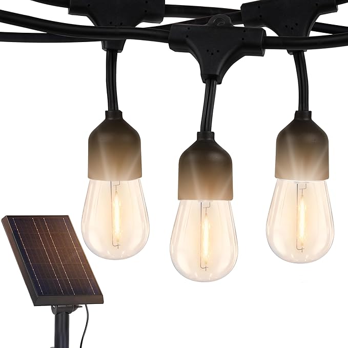 Brightech Ambience Pro Solar Powered Outdoor String Lights 48 ft Commercial Grade Waterproof Patio Lights Shatterproof LED String Lights for Outside Porch - 15 Edison Bulbs 1W Warm White