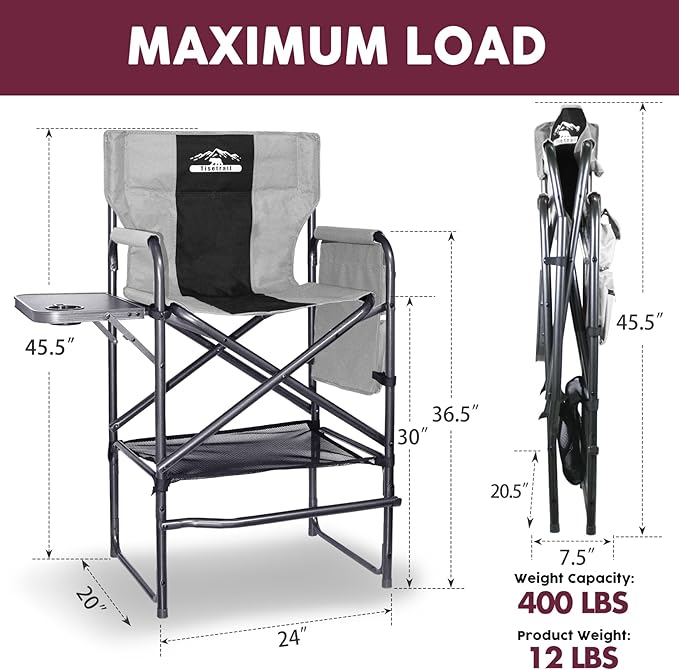 Tall Directors Chair 30 Seat Height Bar Height Folding Chair with Side Table Foldable Camping Chair with Side Pocket for Makeup Artist Sports Event Supports 400LBS - Black/Gray