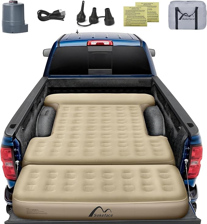 Detachable Tailgate Extendable 5.5-5.8ft Truck Bed Air Mattress - Heavy-Duty Inflatable Truck Bed Mattress with Car Pump Extra Large Carry Bag Leak-Resistant for Outdoor Camping &amp Pickup Trucks