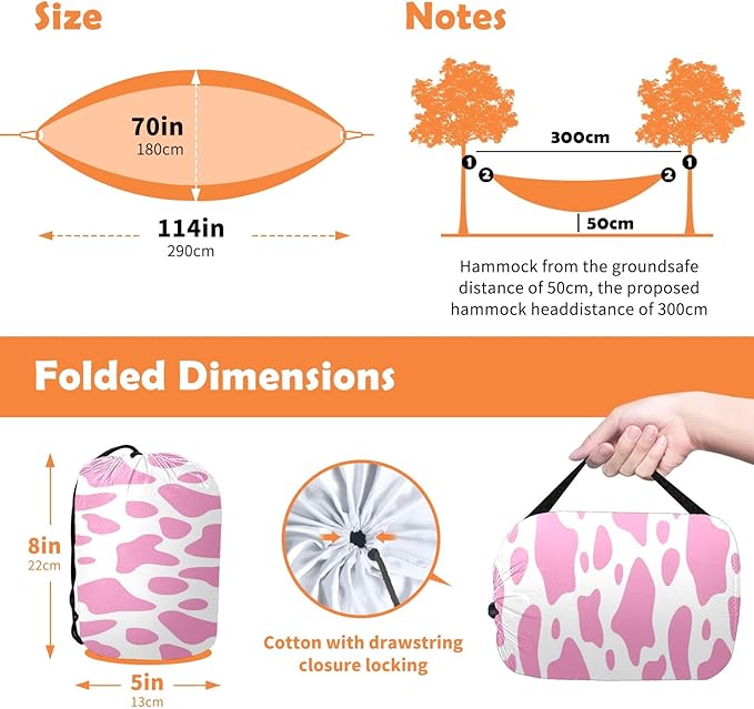 Outdoor Camping Hammock Cute Pink Cow Print Double Single Hammocks with 2 Tree Straps Lightweight Portable Heavy Duty Nylon Hammocks for Backpacking Travel Beach Backyard Patio Hiking