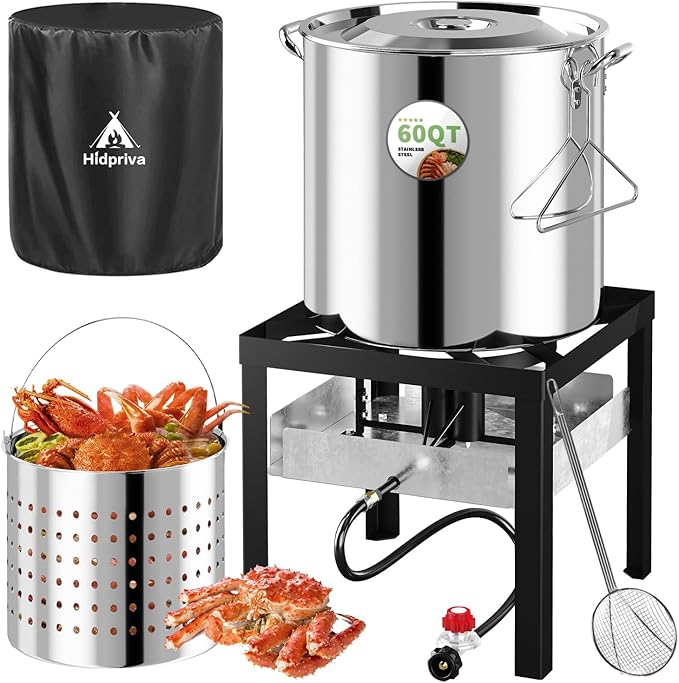 Stainless Steel 60QT Crawfish Boiler Kit Waterproof Cover &amp 12-inch Skimmer 110000BTU Propane Burner Stove 0-20PSIG Regulator Seafood Boil Pot Crab Boil Pot with 50QT Basket