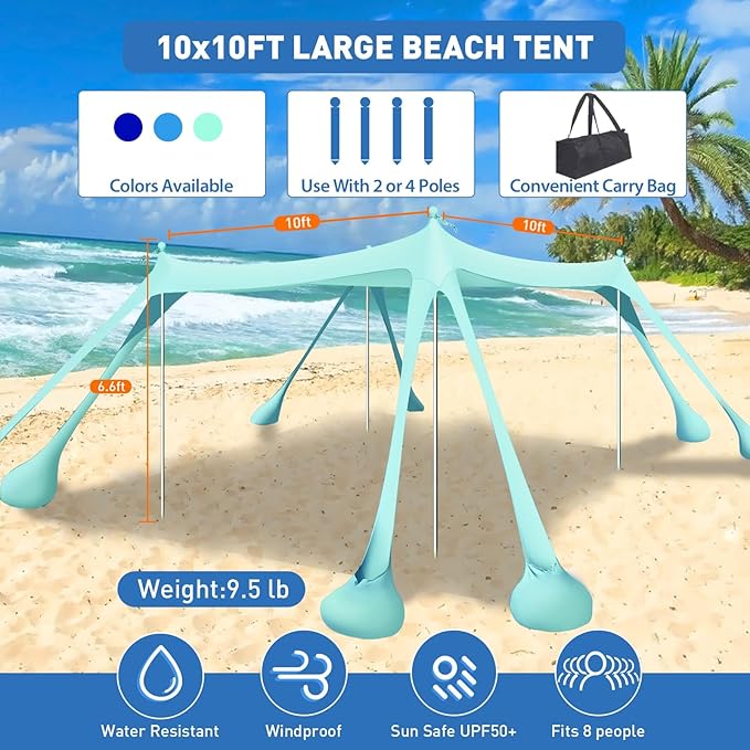 Beach Tent Sun Shelter 10x10ft Beach Canopy Easy Pop Up Sun Shade Portable UPF50+ with 8 Sandbags-2 Sand Shovel-4 Aluminum Poles-Ground Pegs for Outdoor Family Camping Fishing Backyard Picnic