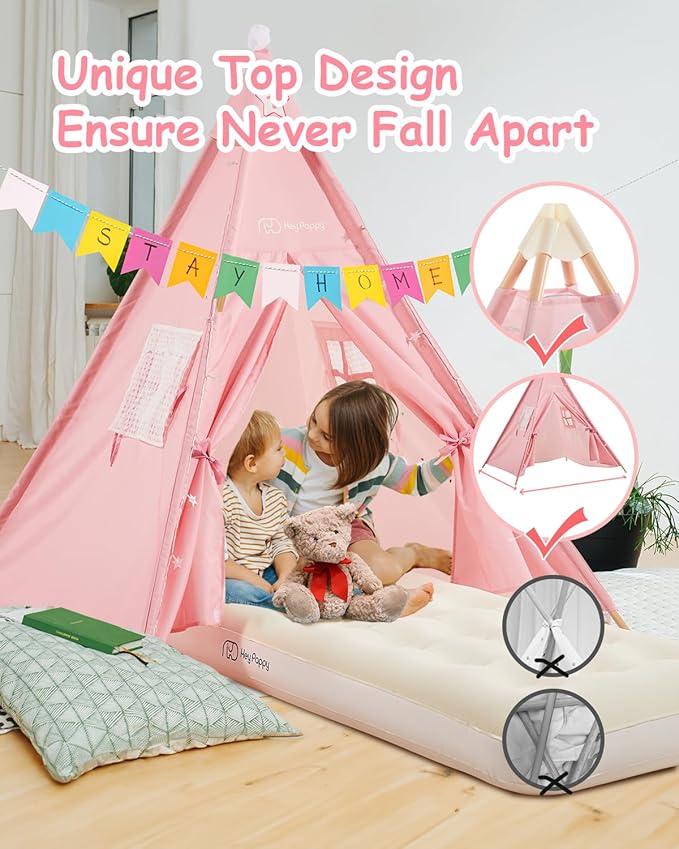 6 Pack Teepee Tent for Kids with Inflatable Airbed Light Toddler Tent Children Room Tents Slumber Party Sleepover Tents Indoor Outdoor Kids Playtent Playhouse for Girls &amp Boys