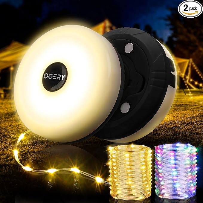 OGERY 2-Pack Camping String Lights 32.8FT Rechargeable Christmas String Lights Outdoor/Indoor 8 Modes 4-in-1 Quick Storage Fairy Lights Portable Lamp for Xmas Tree Decor Party Camping Essentials
