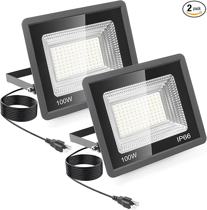 LED Flood Light 11000LM Super Bright 6500K Daylight Outdoor Security Light with Plug IP66 Waterproof for Yard Garden Court &amp Arena (100W-2Pack)
