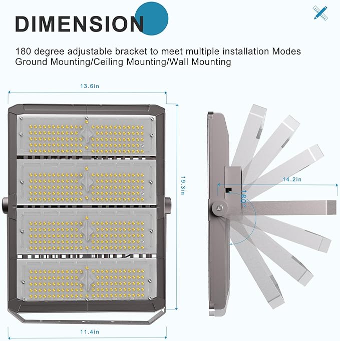 Upgrade 500W LED Flood Light Outdoor 75000Lm Led Stadium Light with Adjustable Bracket IP65 AC100-277V Commercial Area Lighting with Plug for Backyard/Basketball Court-2Pack