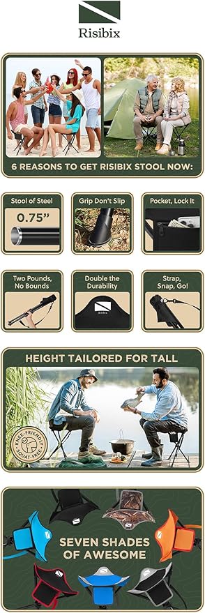 Foldable Tripod Stool - Ultra Portable Seat for Tall People 20” High - Hunting Chair &amp Hidden Zippered Pocket - 2 lb Camping Stool 3 Legged Strong Steel Stool Holds up to 200 lb (Black)