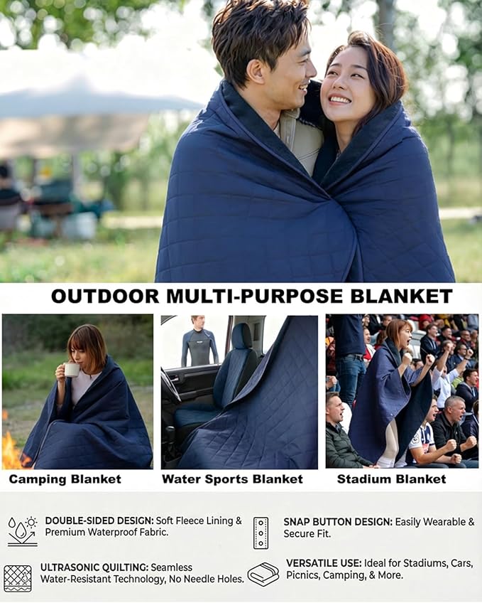 Waterproof Outdoor Stadium Blanket – Quilted &amp Windproof 57x49 Compact Picnic &amp Beach Blanket for Camping Sports Travel – Car Seat Cover for Post-Water Activities Navy