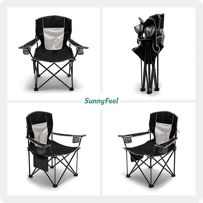SUNNYFEEL Camping Chairs for Adults Oversized Camping Chair Heavy Duty 500LBS Portable Lawn Chair with Cup Holder Side Pocket&ampBag for Outdoor Camping/Beach/Picnic/Fishing Black 2 Pack