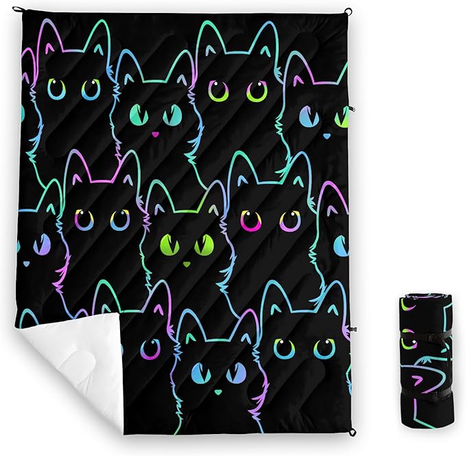 Axolotl Black Neon Cat Camping BlanketSilhouette Cat Packable Outdoor BlanketBlue Green Waterproof Lightweight Warm Puffy Printed BlanketCat Lover Travel Blanket for CampingTravelStadiumHiking
