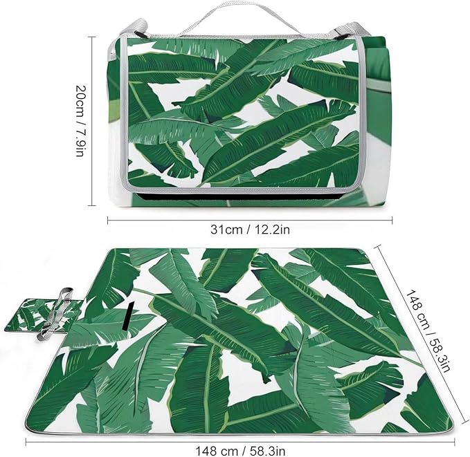 Green Banana Leaves Waterproof Outdoor Picnic Blanket Sandproof Beach Mat for Camping Hiking Grass Travelling