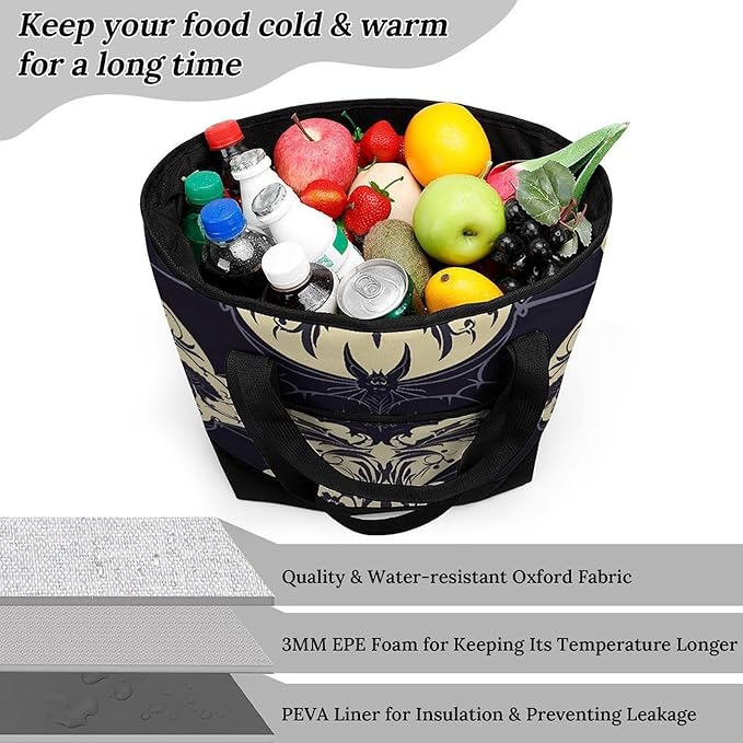 Insulated Shopping BagLarge Reusable Cooler Bags Bat Pattern Printed Foldable Shopping BagTravel Waterproof Shoulder Bag