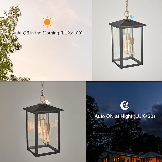17IN Large Dusk to Dawn Outdoor Pendant Light 3-Light Modern Black Metal Outside Chandelier Exterior Hanging Fixture Ceiling Mount with Clear Glass for Front Porch Entrance Entryway
