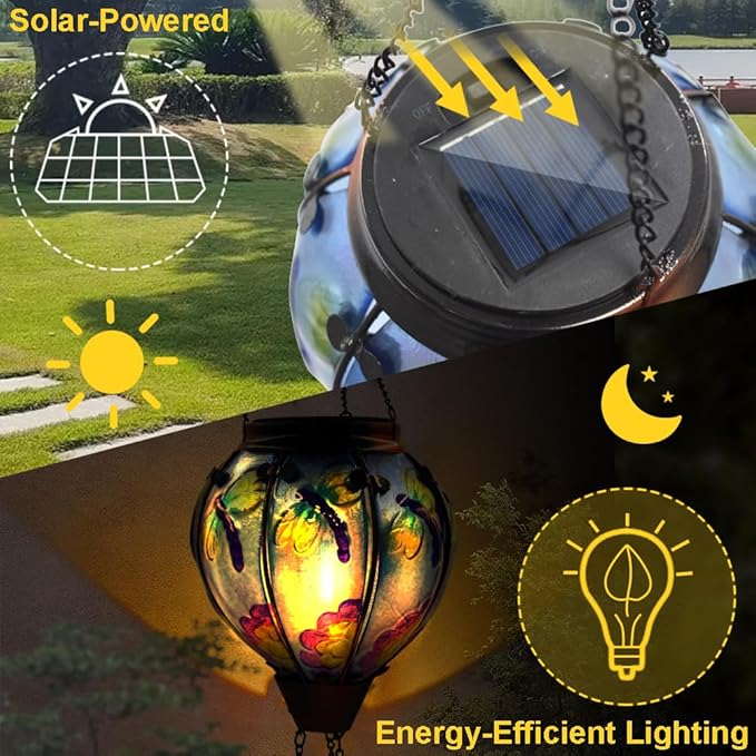 Hot Air Balloon Solar Lantern with Flickering Flame Glass Hanging Garden Lights Outdoor Waterproof for Tree Yard Patio Mother's Day Gift 18 H Dragonfly