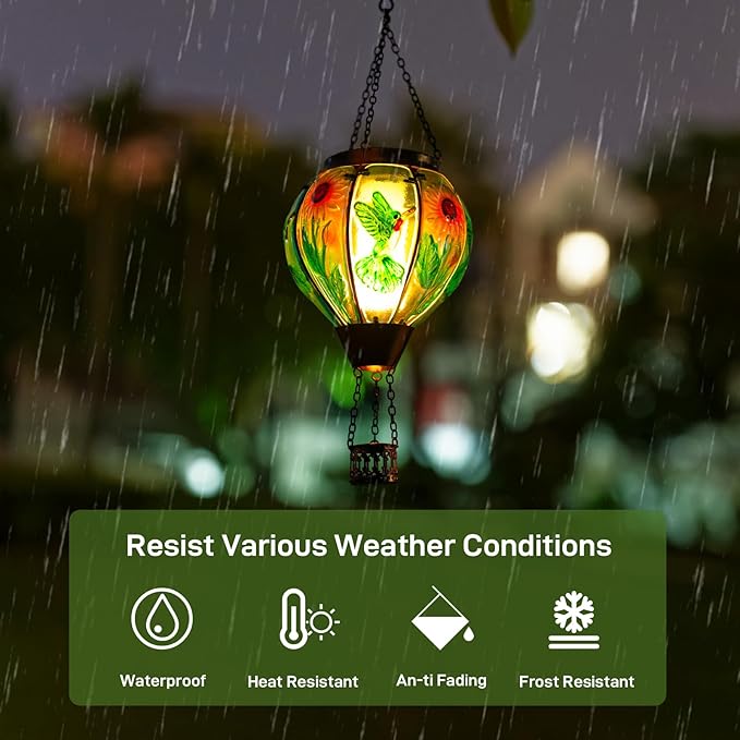Hummingbird and Sunflower Solar Hot Air Balloon Lantern with Flame Glass Hot Air Balloon Solar Lantern Outdoor Waterproof Hanging Solar Lantern for Outside Garden Patio Tree Porch Yard
