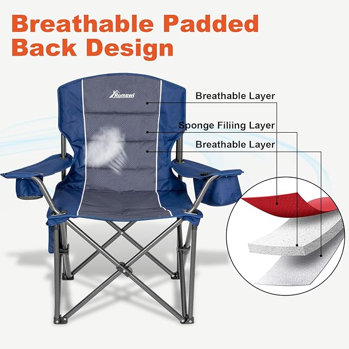Romswi Oversized Camping ChairsHeavy Duty Support 500 LBSPadded Back &amp Arm Sport Chairs Cup Holder Cooler Bag Collapsible Folding Chairs for Outdoor Fishing &amp Garden Blue2-Pack