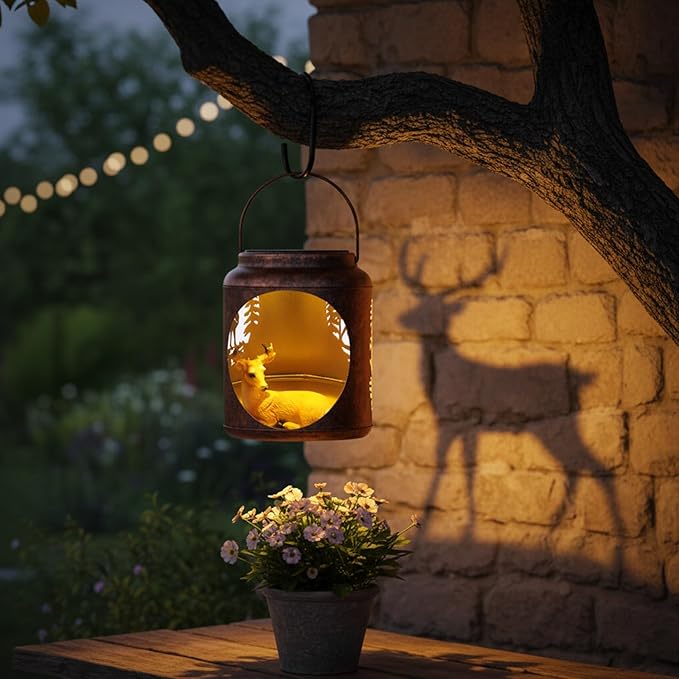 Metal Solar Lantern with Deer Patterns &amp Resin Deer Statue InsideOutdoor Lanterns with Shepherds Hook Gifts for Women Mom GrandmaOutside Haning Decor for Yard Garden Patio Backyard Porch