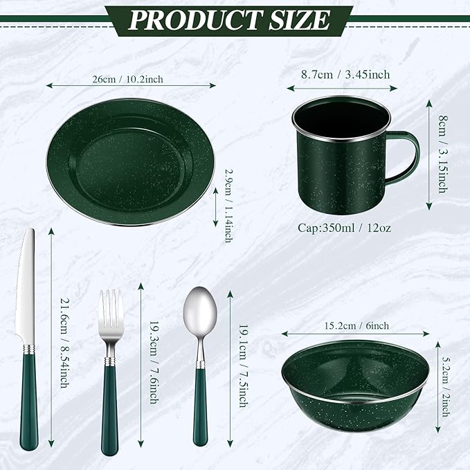 Nuogo 48 Pcs Enamel Camping Tableware Includes 12 oz Coffee Mugs 10.5 Inch Camping Plates 6 Inch Bowls and Utensils Set Includes Knife Fork Spoon for Outdoor RV (Green)