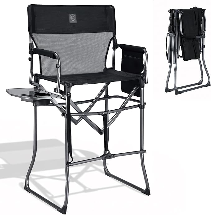 EVER ADVANCED Portable 30.7 Seat Height Tall Folding Camping Chair Directors Chair High Foldable Bar Stool with Side Table for Makeup Artist Sports Event Craft Show Textilene Mesh Supports 350LBS
