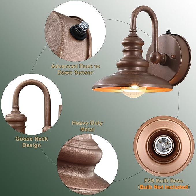 LONEDRUID Dusk to Dawn Sensor Outdoor Gooseneck Barn Light Fixtures Rustic Exterior Wall Sconce Lighting Waterproof Outside Porch Lantern Farmhouse Wall Mount Lamp for House Garage Patio