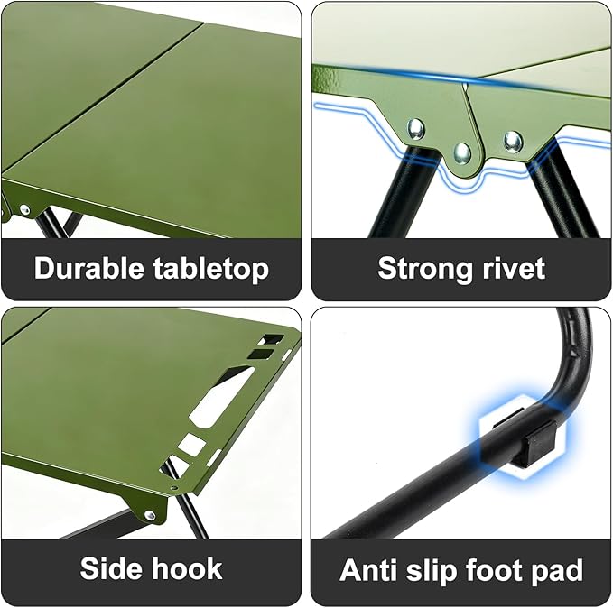 Tactical Camping Table Collapsible Table Lightweight with Carry Bag Durable Carbon Steel Outdoor Picnic Table for Camping Travel expeditions Hiking Picnics BBQs &amp Beach Trips - Green