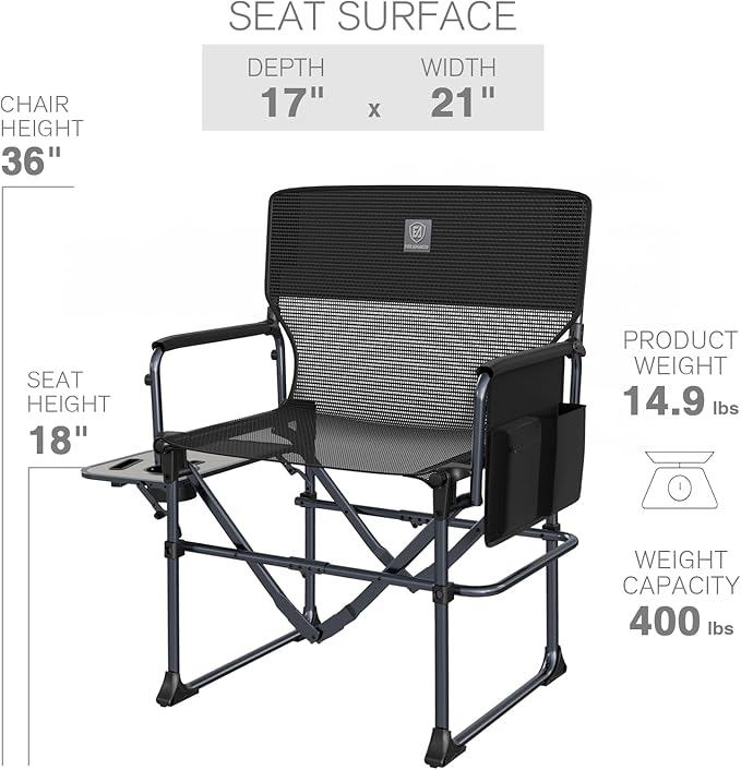 EVER ADVANCED Camping Directors' Chair with Side Table Portable Folding with Compact Size Breathable &amp Quick Dry Design Heavy Duty Lawn Chair with Pocket 400lbs Textilene Mesh Black