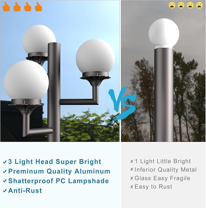 Lightdot 79 Modern Stable Outdoor Lamp Post Light 3-Head Aluminum Pole Lamp with 3000K LED Bulbs Included IP65 Waterproof Heavy-Duty Hardwired Post Light Fixtures for Garden/Yard/Driveway-Brown