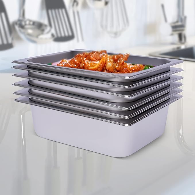 6 Pack 1/2 Size Stainless Steel Steam Hotel Pan 12.99 x 10.24 x 3.94 In Steam Table Pan Food Service Pan for Party Kitchen Restaurant Hotel
