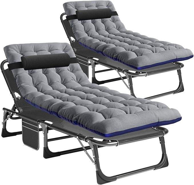 Barbella Folding Camping Cots Patio Lounge Chair with Mattress 4 Position Adjustable Folding Sleeping Bed Patio Chaise Lounge Chairs for Sunbathing Camping Pool Beach Patio