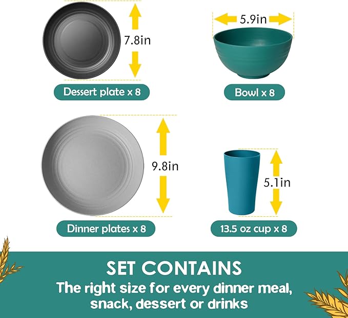 Teivio 32-Piece Kitchen Plastic Wheat Straw Dinnerware Set Service for 8 Dinner Plates Dessert Plate Cereal Bowls Cups Unbreakable Colorful Plastic Outdoor Camping DishesCoastal