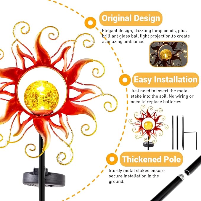 Solar Lights Outdoor Waterproof Red Sun Metal Crackle Glass Stake Decorative for OutsideYardLawnPatioWalkway Mothers'Day Gifts Mom Grandma Garden Lover