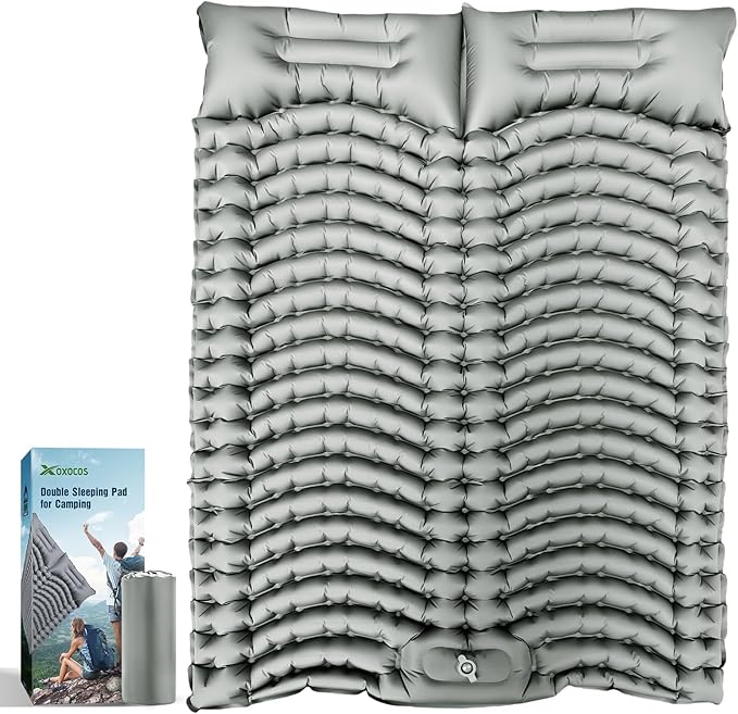 Double Sleeping Pad Self-Inflating 4 Thick for 2 Person Camping - Built-in Foot Pump Ergonomic Pillow &amp Ultra-Portable Design for Backpacking Hiking Tent Use