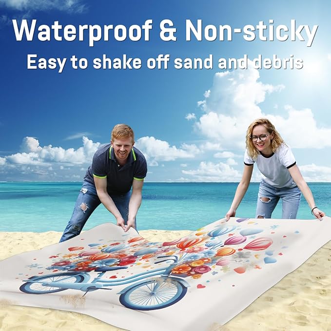 Waterproof Sandproof Beach Blanket 59''×68'' Pedal Car Polyester Outdoor Picnic Blanket with 4 Stakes &amp Storage Bag for BeachCampingVacation Hot-air Balloon