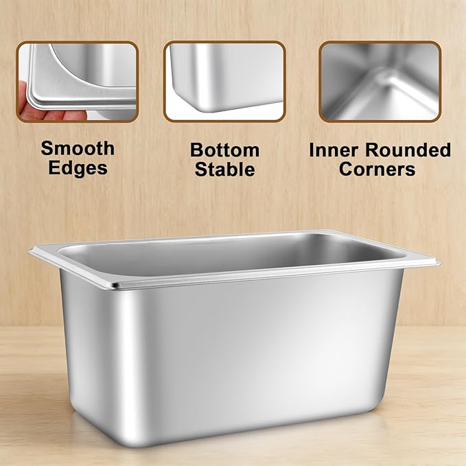 4 Pack Hotel Pans with lids 1/3 Size x 6 Inch Deep Steam Table Pan Reusable Anti Rust Catering Storage Food Pan Stainless Steel Steam Table Pans for Home Party Hotel Restaurant Buffet