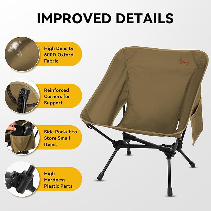 TOBTOS Portable Camping Chair Support up to 330 LBS Lightweight Folding Backpacking Chair for Outdoor Camp Travel Beach Picnic Hiking Backpacking (Khaki)