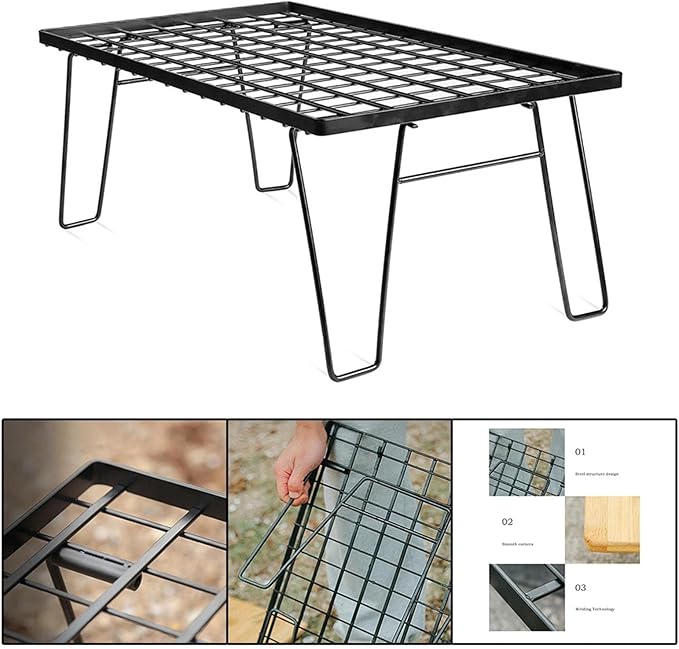 Outdoor Folding Table with Charcoal Grill Plate Portable Desk and Multifunctional Camping Grill Rack Ideal Furniture for BBQ Beach and Garden