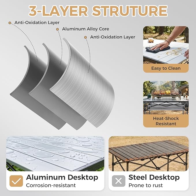 KingCamp Folding Camping Table Aluminum Roll-Up Camp Table Large Foldable Table for 4-6 Person Outdoor Portable Tables with Carry Bag 180 LBS Heavy Duty Load (Silver+Mesh：53.5 × 27.5)